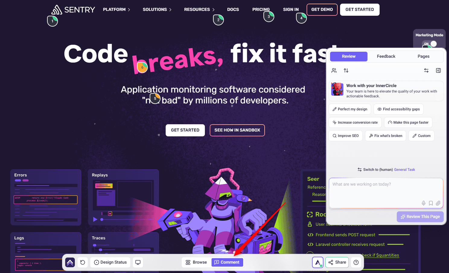 Comment Mode being switched on in the collaboration toolbar
