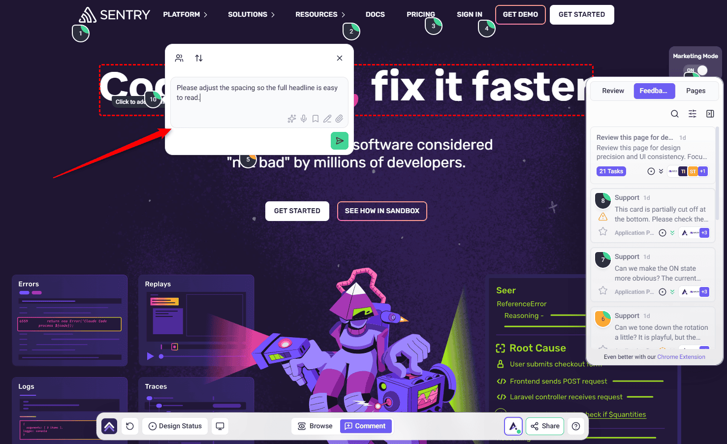 Comment box opened after clicking an area of the page