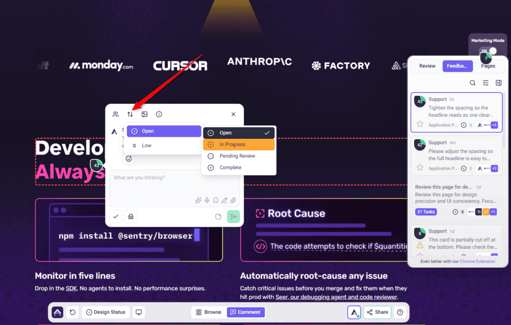 Status selector on the new task