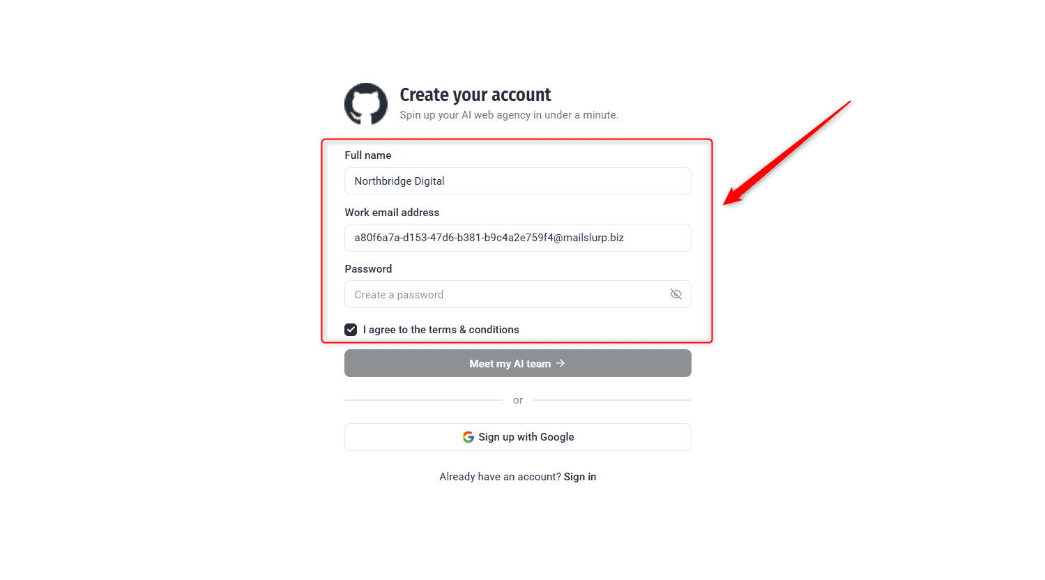 Website Owner registration form with name and email pre-filled from the invite