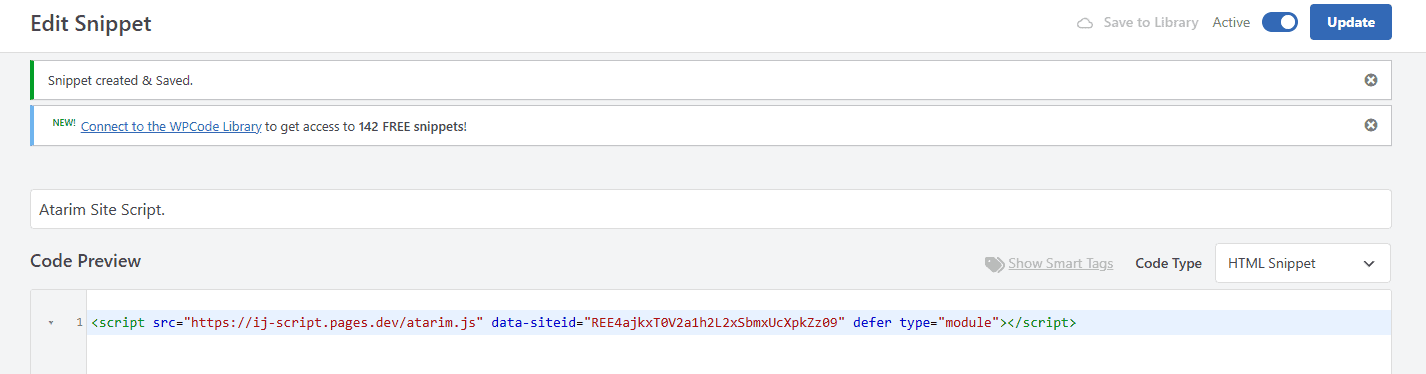 Atarim script pasted into the site footer