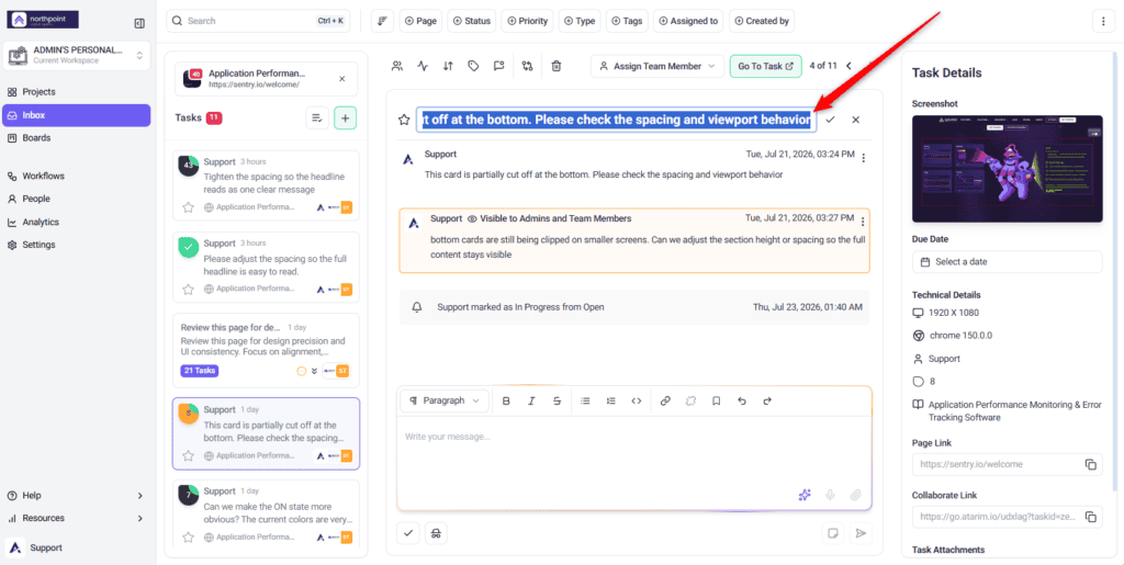 Task title being edited inline in the Inbox