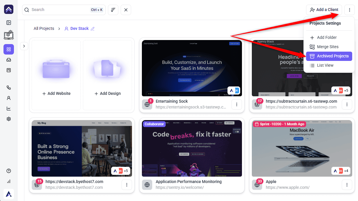 Archived Projects reached from the Projects Settings menu