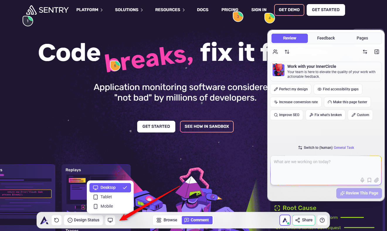 Responsive mode showing the desktop view