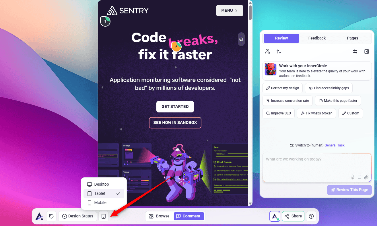 Responsive mode showing the tablet view