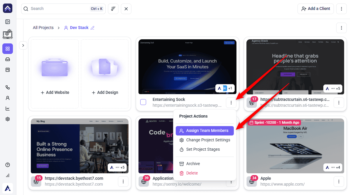 Assign Team Members in the Project Actions menu on an Atarim project