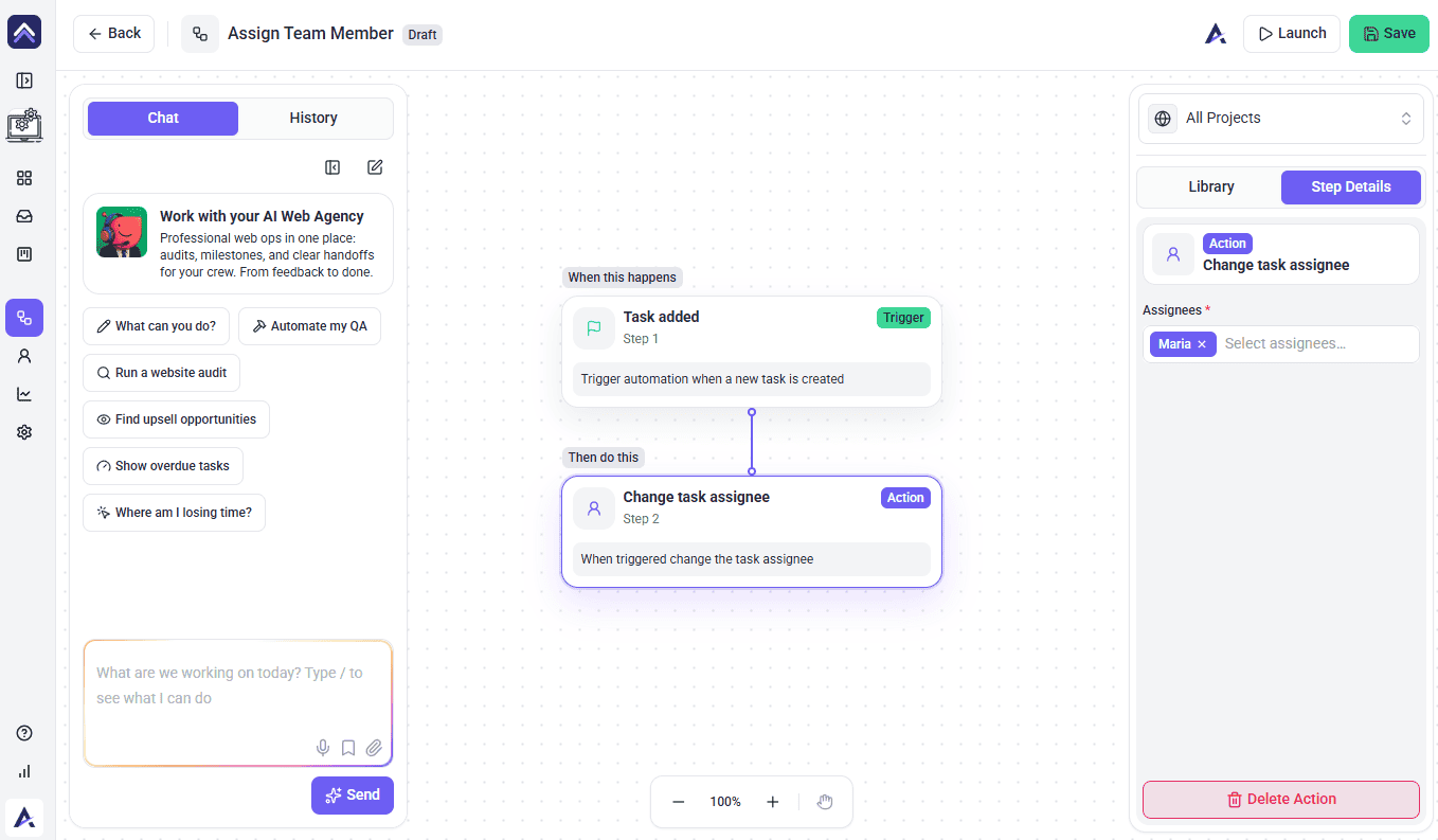 A workflow in Atarim with a trigger and an action step