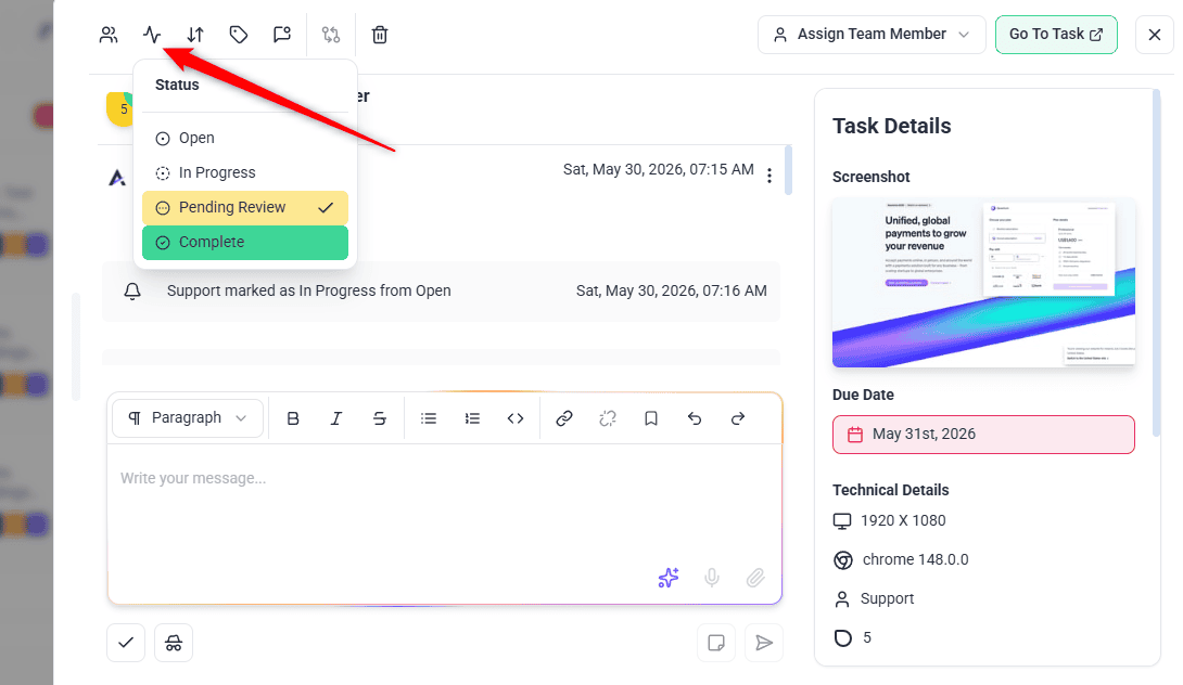Status slider on a task with four stages