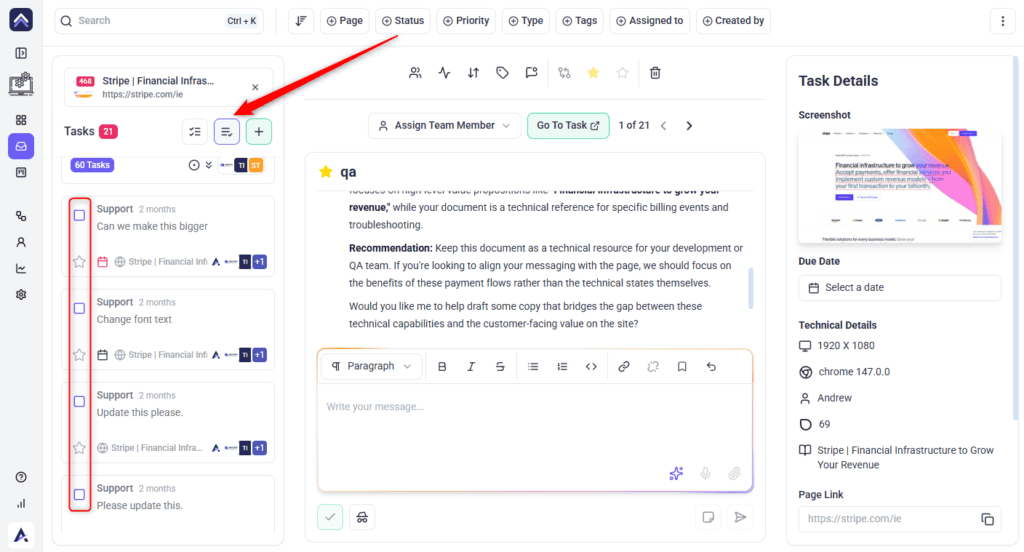The bulk action toolbar in Atarim, shown after selecting several tasks