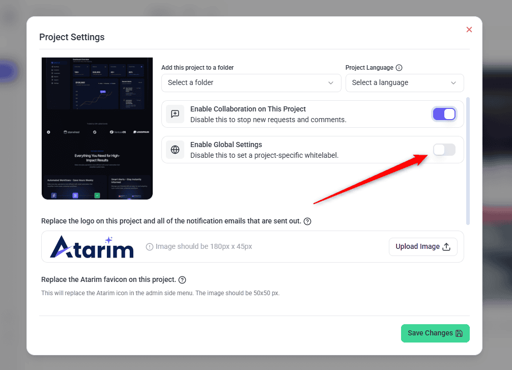 The Enable Global Settings toggle in Atarim Project Settings