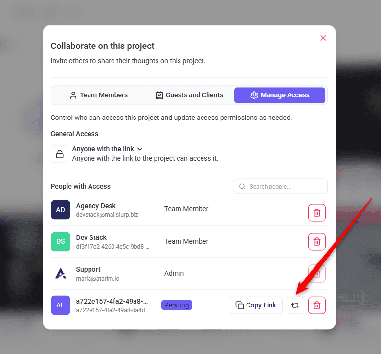Resending or deleting a pending invitation in Atarim