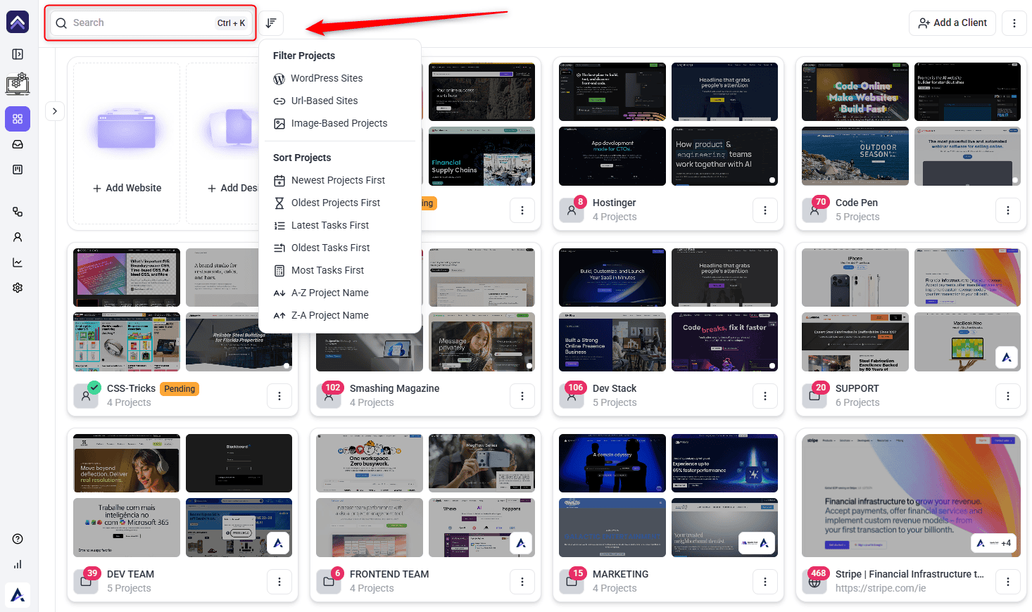 Search, filters, and sorting controls along the top of the Atarim Projects screen