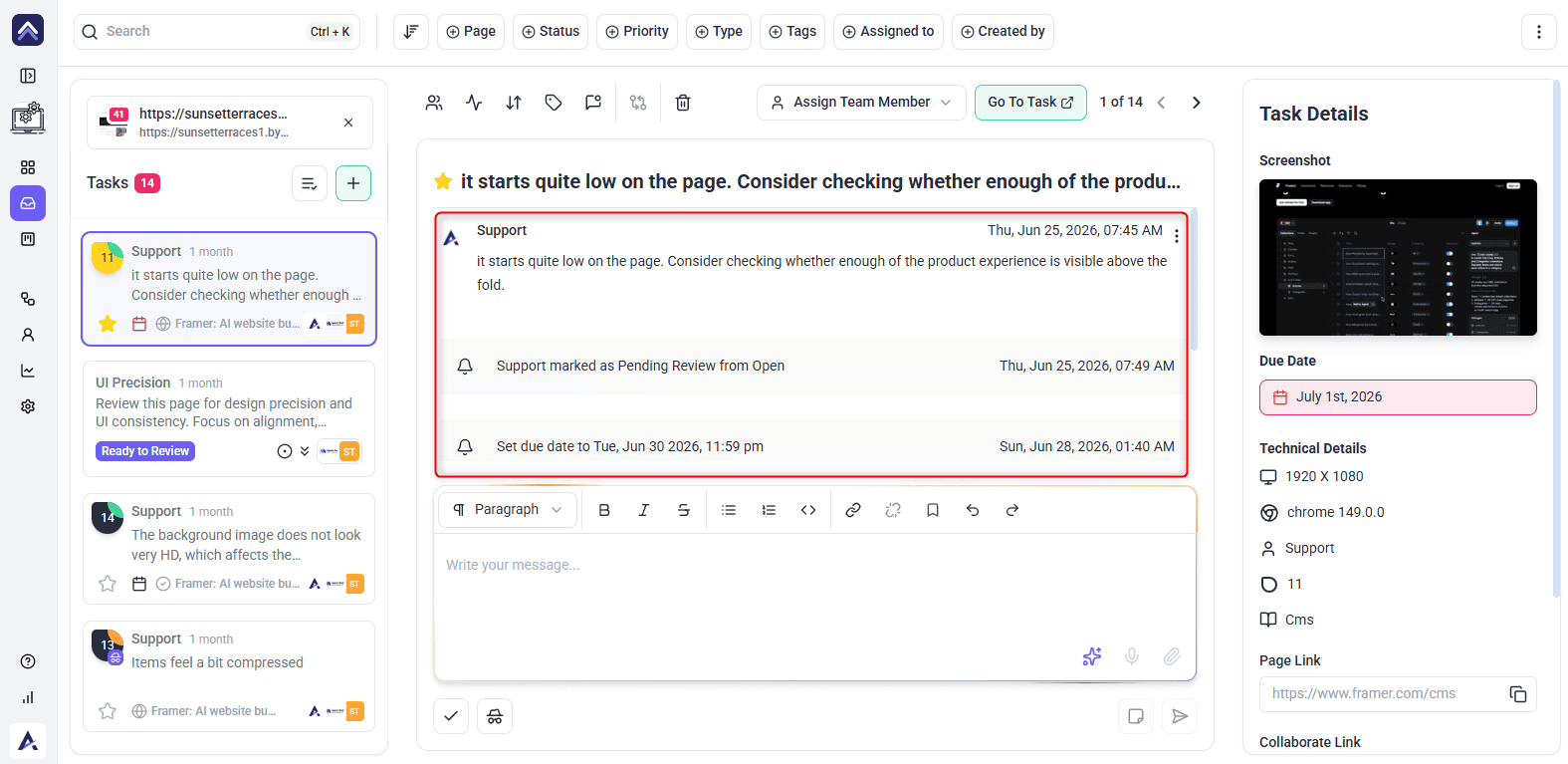 Status changes recorded alongside the conversation