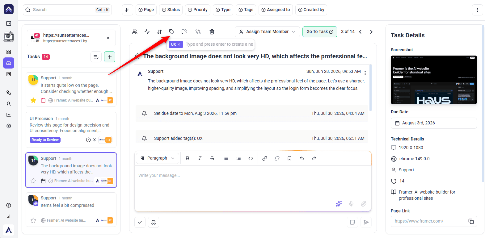 Applying a tag to a task in Atarim, with existing tags suggested as you type