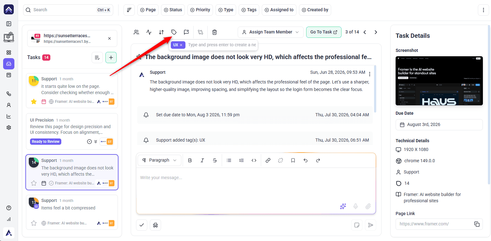 The Add Tags field on a task in Atarim, with existing tags suggested below the input
