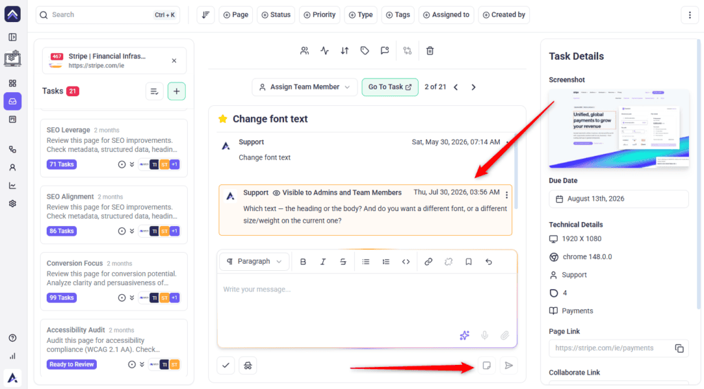 Adding a private note to an Atarim task, visible only to admins and team members
