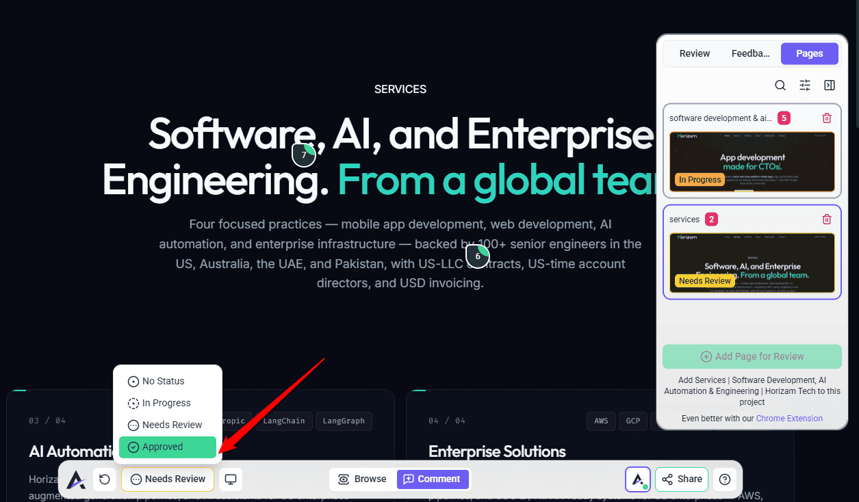 The Page Status control in the collaborate bottom bar in Atarim