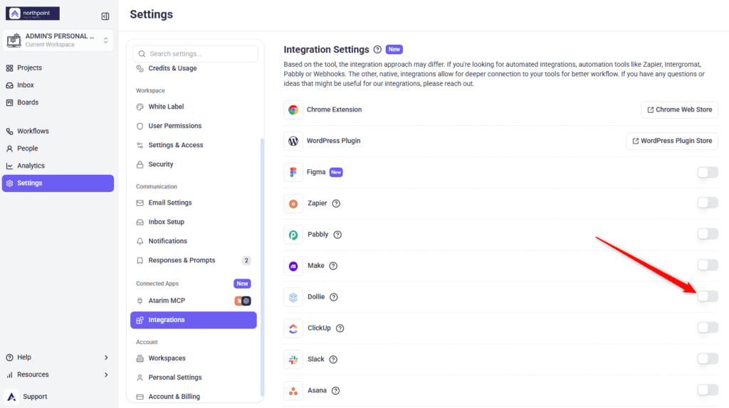 The Dollie toggle in Atarim's Integrations settings panel, ready to be switched on
