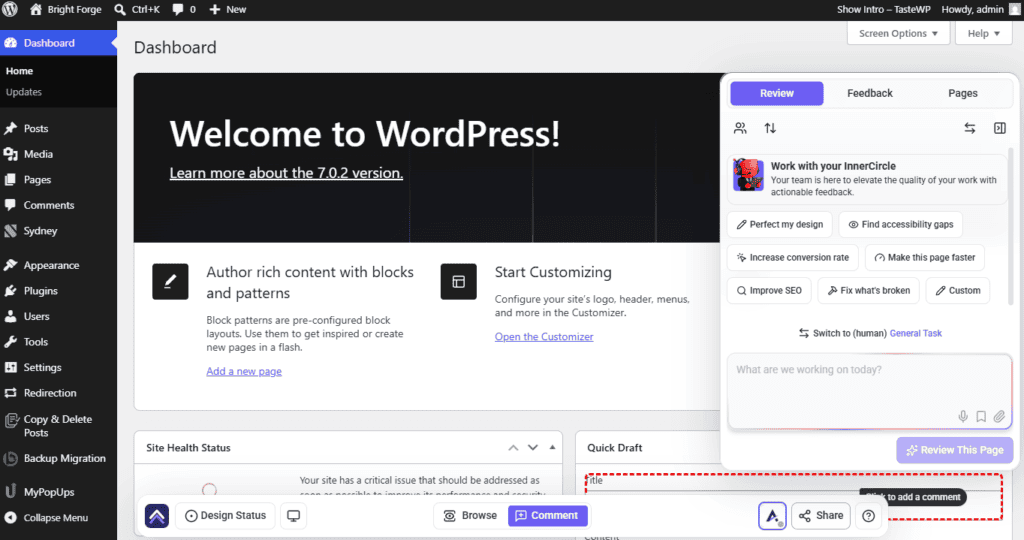 Atarim collaboration running on a WP Admin screen