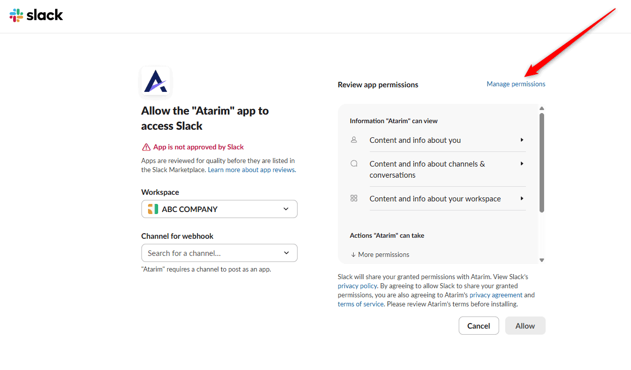 The Slack authorisation page showing the App is not approved by Slack notice