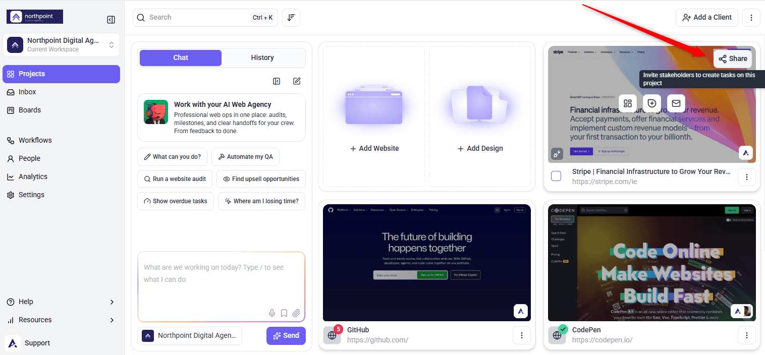 Share button used to send a project link