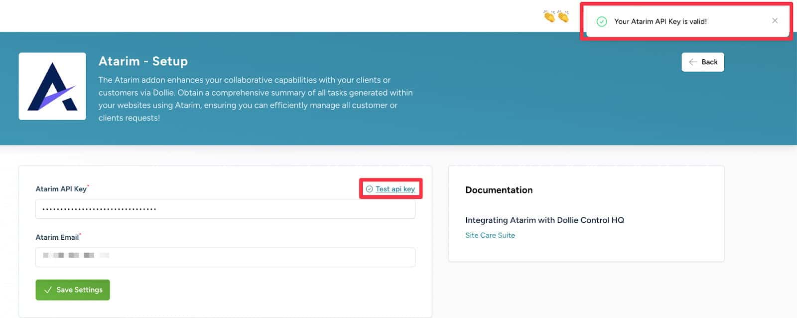 Running Test API Key in the Dollie add-on configuration to verify the connection to Atarim