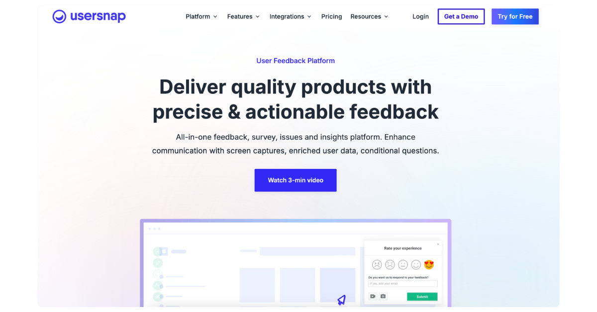 Usersnap visual website feedback widget for bug reporting and UX/UI feedback