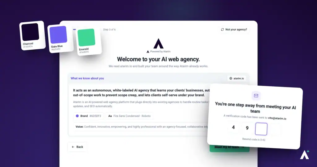Atarim onboarding setup wizard showing account and agency setup steps