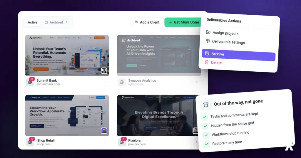Atarim projects grid with the actions menu open on the archive option