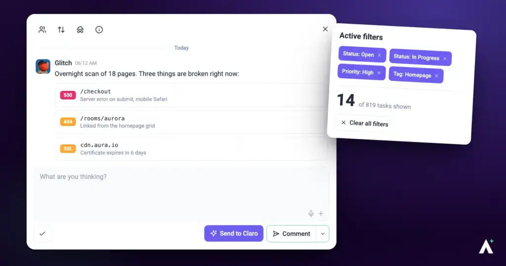 Atarim bug tracking with reproduction context captured on the page
