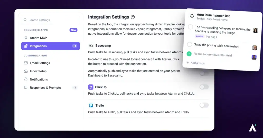Atarim integration settings with Basecamp connected, beside a Basecamp to-do list