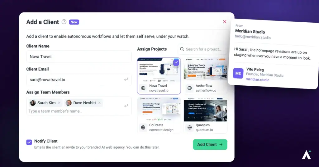 Atarim Add a Client dialog beside the branded invitation the client receives