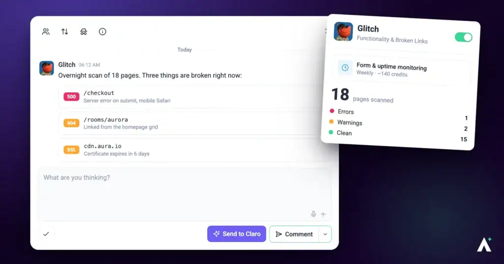Glitch the QA agent reporting a bug found on a live page