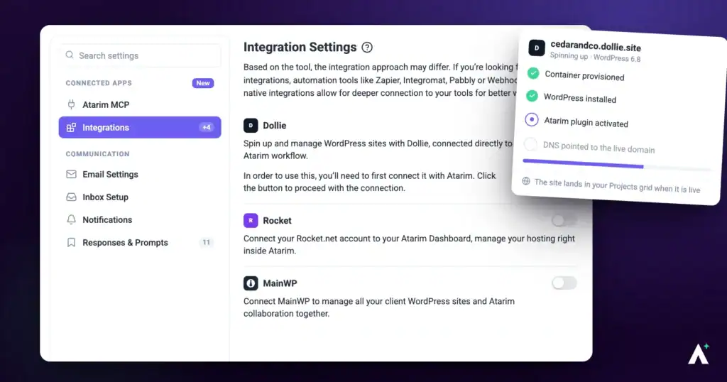 Atarim integration settings showing the Dollie connection