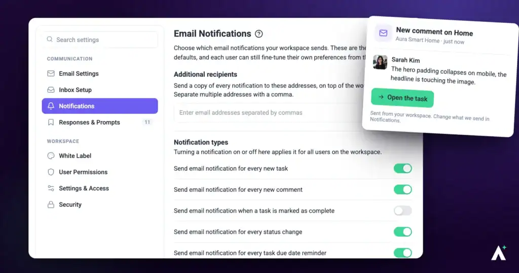 Atarim Settings showing the Email Notifications panel with notification type toggles, beside a new comment notification card