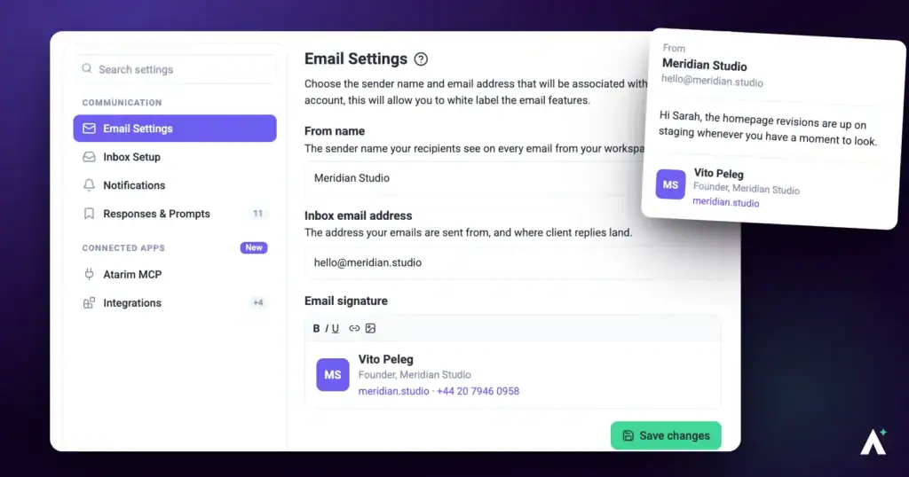 Atarim email compose settings with the signature editor
