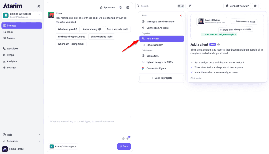 Add new menu on the Projects screen with Add a client highlighted and its description on the right