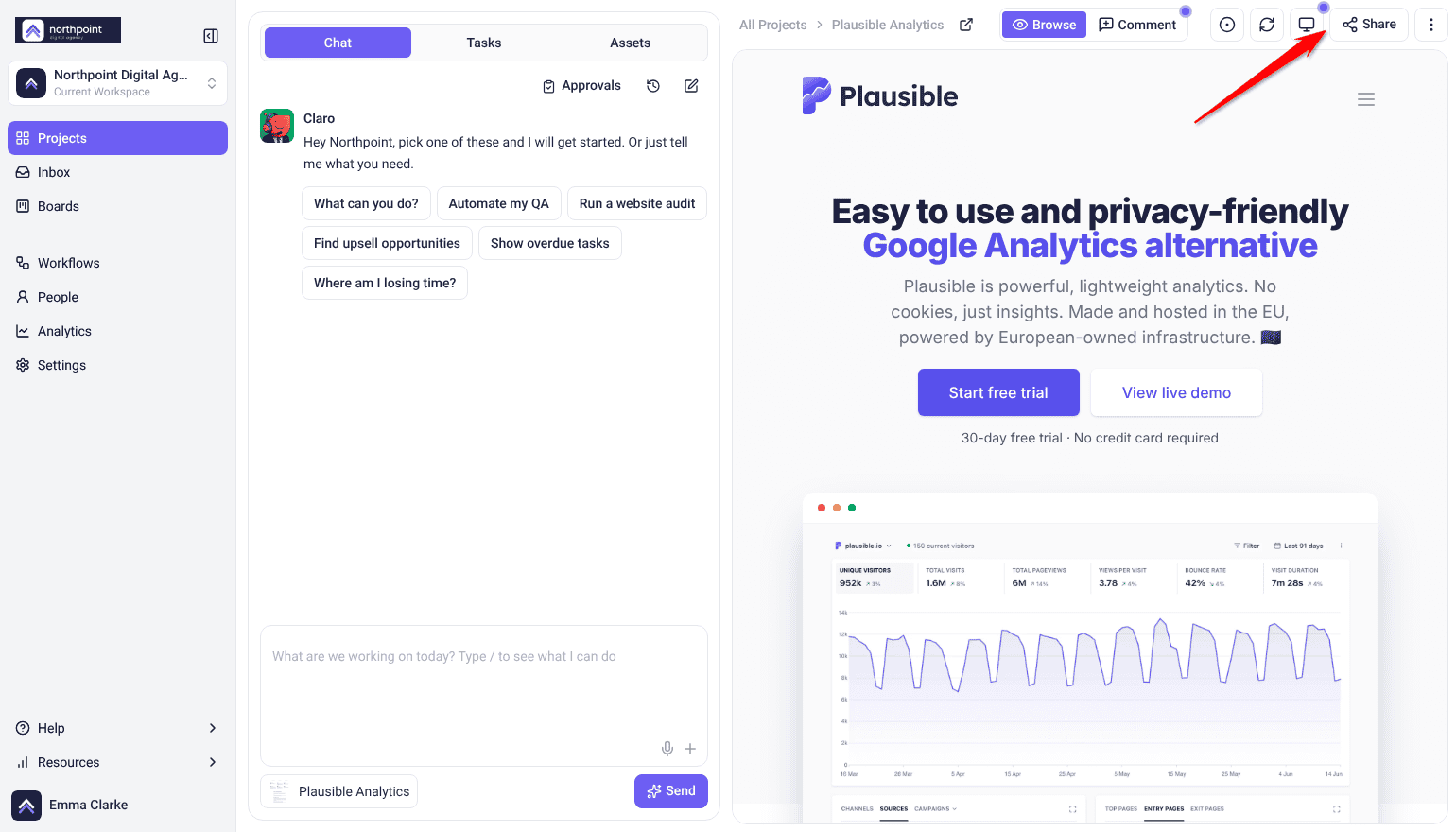 Plausible Analytics open in Collaborate with the Share button highlighted in the bar above the page