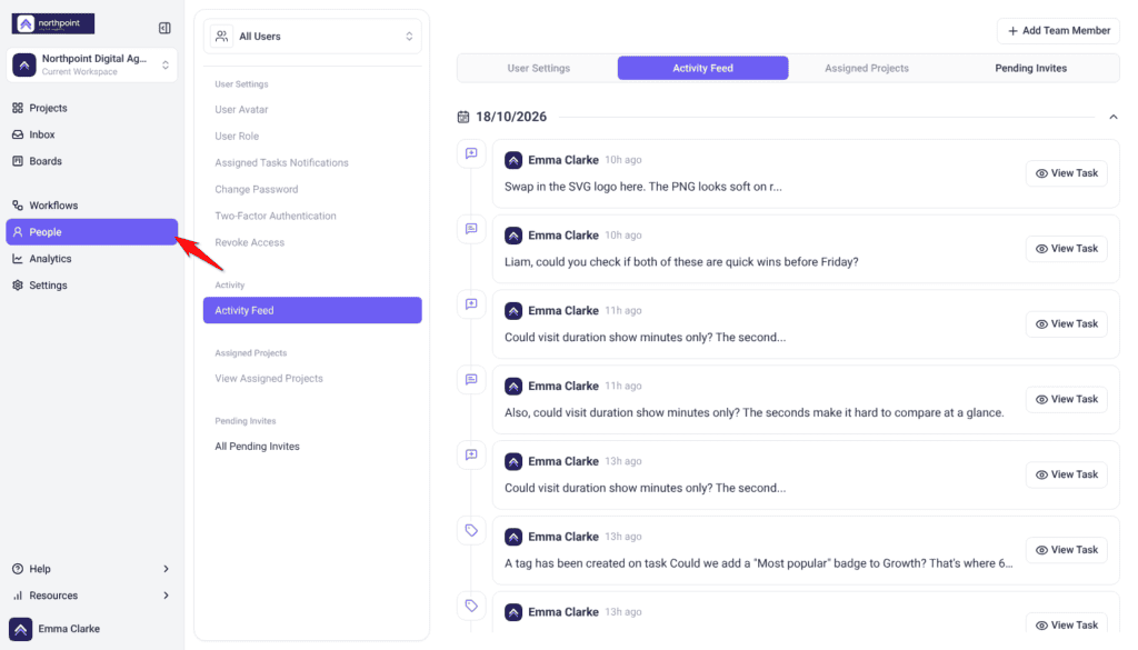 People screen with the Activity Feed open and People selected in the sidebar