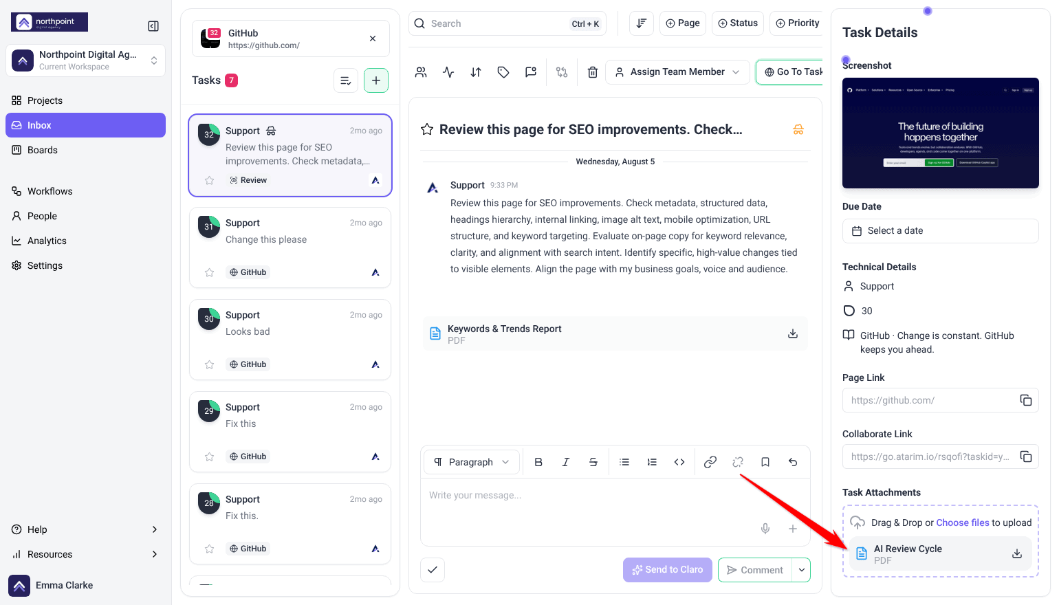 Inbox review task with the AI Review Cycle PDF under Task Attachments and a Keywords & Trends Report in the thread