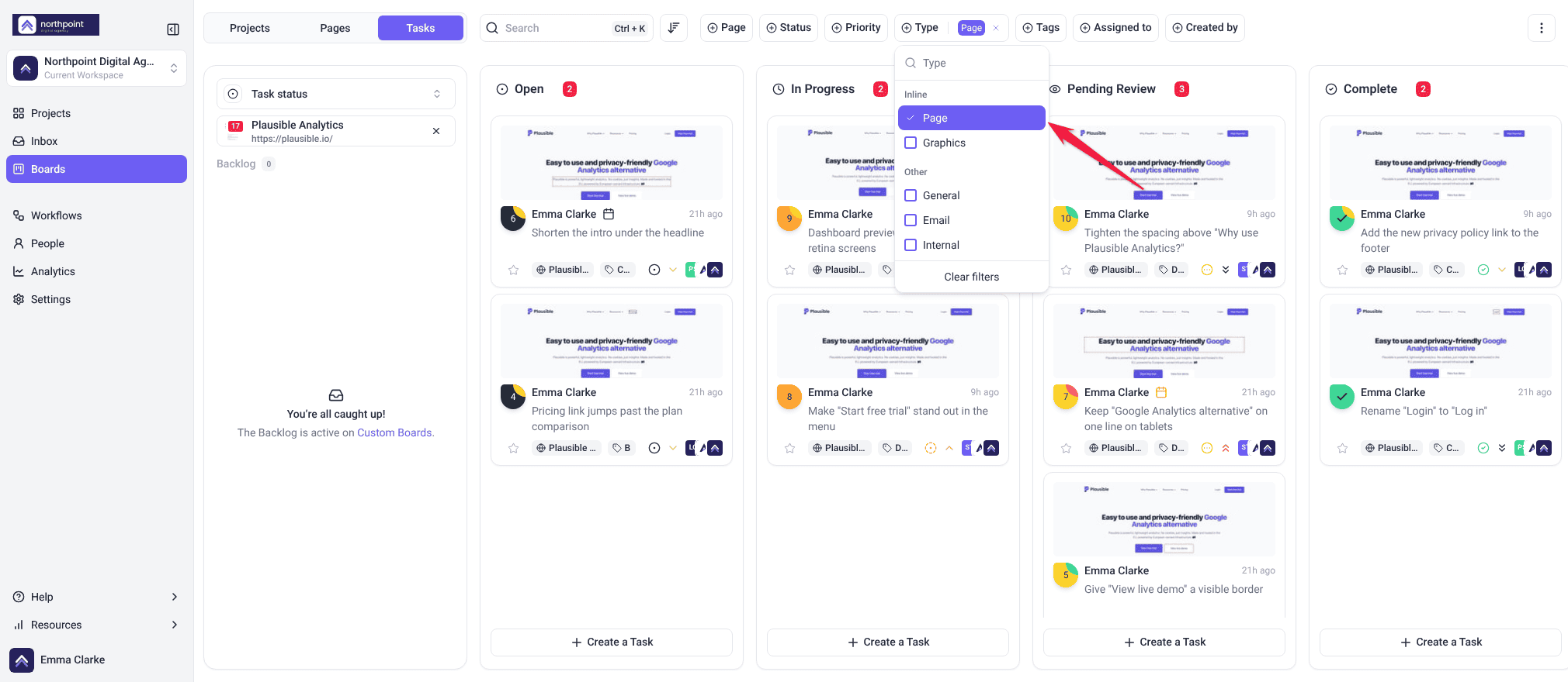 Board Type filter open with Page ticked, showing only tasks left on a page