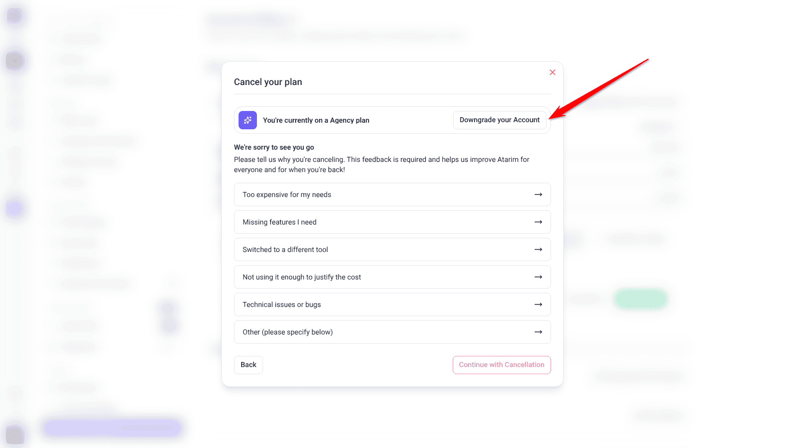 Cancel your plan window with the arrow on Downgrade your Account in the You're currently on a Agency plan banner