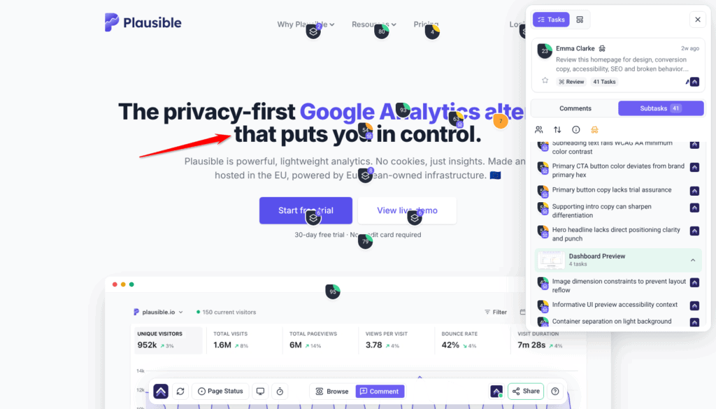 Lexi's replacement headline, The privacy-first Google Analytics alternative that puts you in control, previewed in place with Show me