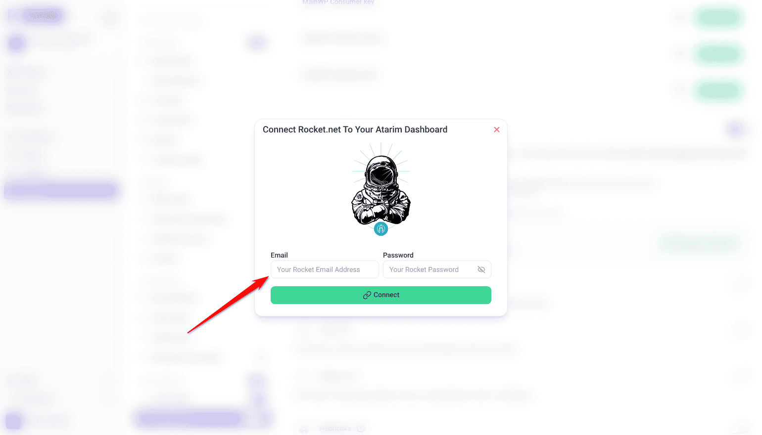 Connect Rocket.net To Your Atarim Dashboard window with Email and Password fields and Connect; the arrow points at Email