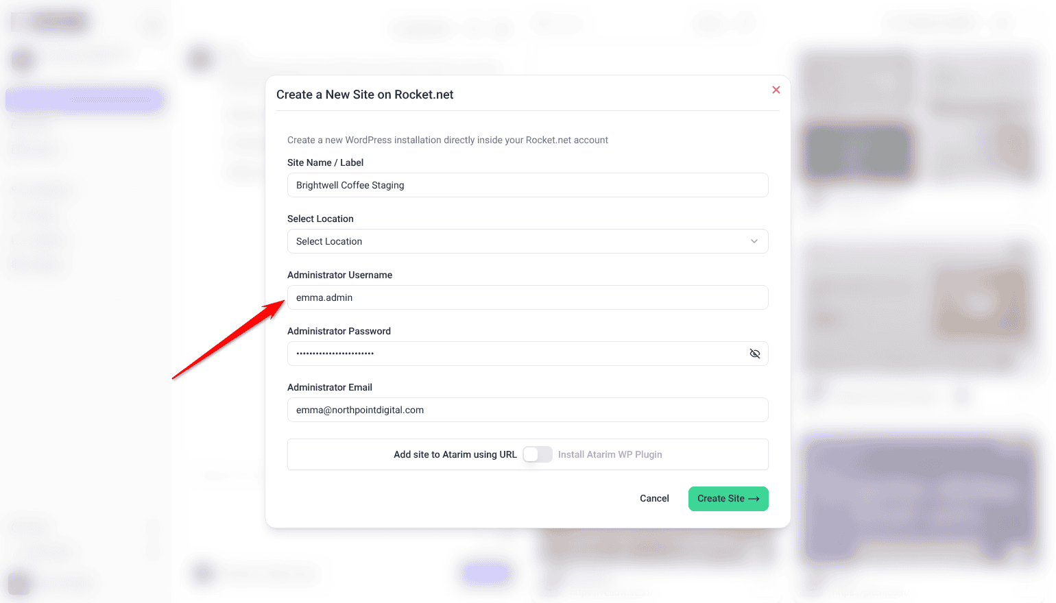 Create a New Site on Rocket.net with Administrator Username, Password and Email filled in; the arrow points at Administrator Username