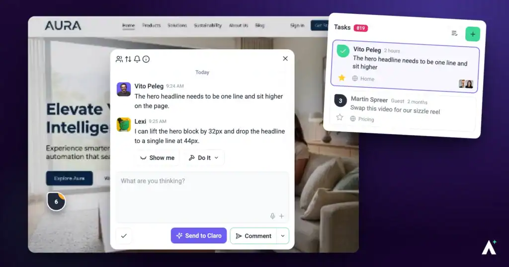 Atarim comment card open on a live website page, with the task list panel beside it
