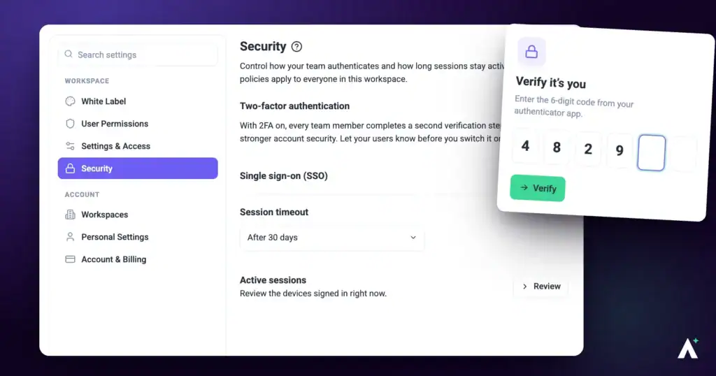 Atarim security settings showing two-factor authentication setup