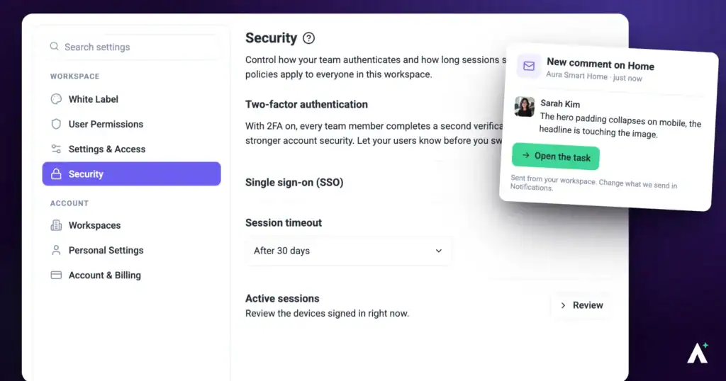 Atarim security settings where an account password is reset