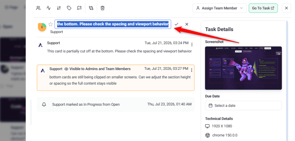 Task title being edited inline on a board card