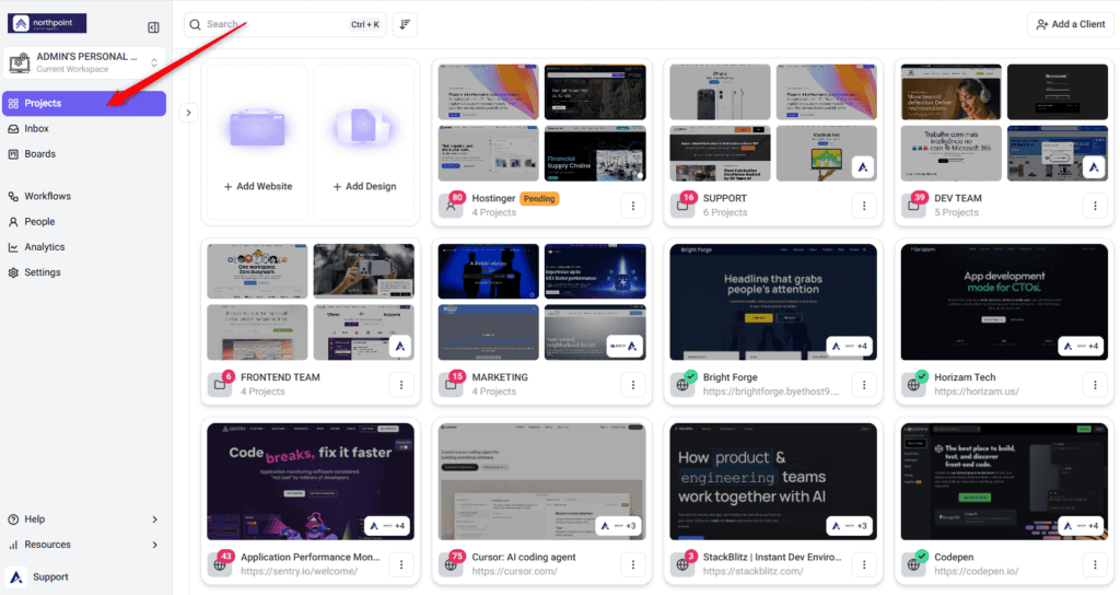 Projects dashboard listing existing projects